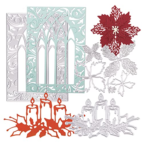 FLOFIA 3x Stanzschablone Weihnachten Fenster Stanzformen Metall Stanzbögen Kerzen Blumen Grußkarte Stanzer Scrapbooking Prägeschablonen für Xmas Taufe DIY Karten Fotoalbum von FLOFIA