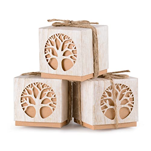 FLOFIA 50pcs Geschenkbox Schachtel Lebensbaum Geschenkschachtel Kraftpapier Süßigkeiten Karton Klein mit 50x Jutekordel Bonboniere Kasten 5x5x5CM DIY Kommunion Taufe Hochzeit Deko von FLOFIA