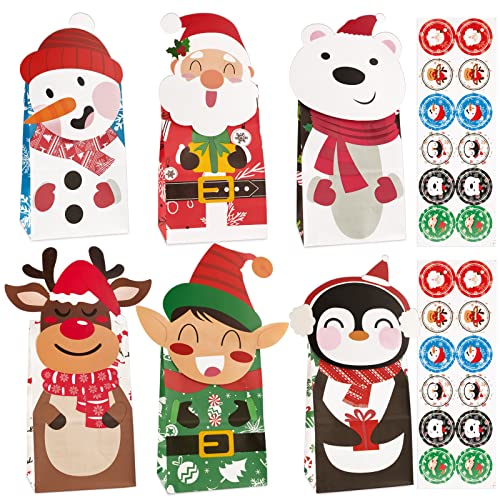 FLOFIA Geschenktüten Weihnachten 24 Stück Adventskalender Tüten zum Befüllen Geschenkbeutel Papiertüten mit Weihnachtsaufkleber Weihnachtsmann Schneemann Eisbär X-Mas Tütchen von FLOFIA