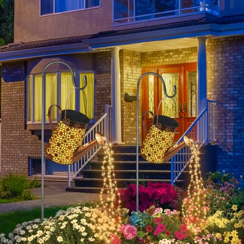 FLSEPAMB 2 Stück Solar Gießkanne mit Lichterkette Aussen Gartendeko, IP65 LED Solar Giesskanne mit Lichterkette, Solarleuchten für Außen Garten Deko Draußen (Mit 2 Ständer) von FLSEPAMB