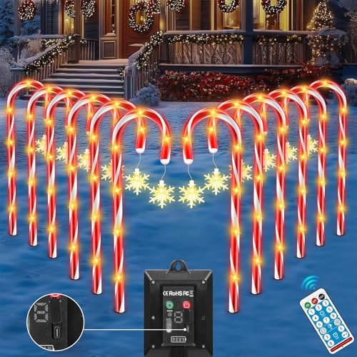 FLSEPAMB 8 Lichtmodi Zuckerstangen Beleuchtet Außen,10 Pack Solar Zuckerstangen Außen mit Schneeflocke,2 Lademodus wasserdichte Zuckerstangen Lichterkette Outdoor,Zuckerstangen Lichter(Solar Powered) von FLSEPAMB