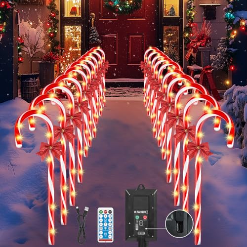 Weihnachten Zuckerstangen Lichter, 20 Stück 120 LED Zuckerstangen Beleuchtet, 8 Modi Dimmen Wasserdichte Lichterkette Außen Dekorationen, Weihnachten im Freien Zuckerstangen Beleuchtet（Type C+Solar） von FLSEPAMB