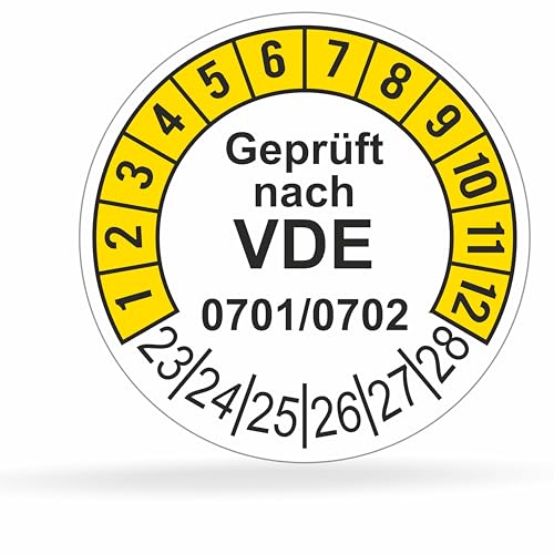 Fluxxx 112 Stk Prüfplaketten "Geprüft nach VDE", 20 mm Ø, Prüfetiketten nach DGUV V3, 2023-2028, selbstklebend, Prüfaufkleber, E-Check Prüfetikett, Plakette für Elektrogeräte (Gelb, 1 Bogen) von FLUxxx