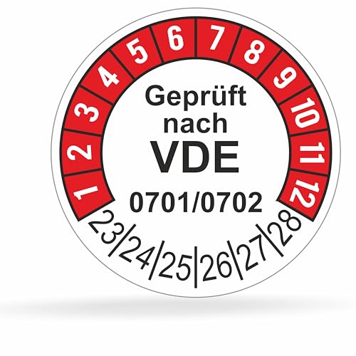 Fluxxx 112 Stk Prüfplaketten "Geprüft nach VDE", 20 mm Ø, Prüfetiketten nach DGUV V3, 2023-2028, selbstklebend, Prüfaufkleber, E-Check Prüfetikett, Plakette für Elektrogeräte (Rot, 1 Bogen) von FLUxxx