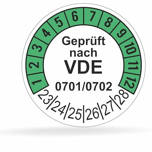 Fluxxx 1120 Stk Prüfplaketten "Geprüft nach VDE", 20 mm Ø, Prüfetiketten nach DGUV V3, 2023-2028, selbstklebend, Prüfaufkleber, E-Check Prüfetikett, Plakette für Elektrogeräte (Grün, 10 Bogen) von FLUxxx