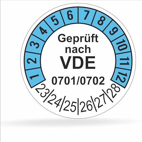 Fluxxx 560 Stk Prüfplaketten "Geprüft nach VDE", 20 mm Ø, Prüfetiketten nach DGUV V3, 2023-2028, selbstklebend, Prüfaufkleber, E-Check Prüfetikett, Plakette für Elektrogeräte (Blau, 5 Bogen) von FLUxxx