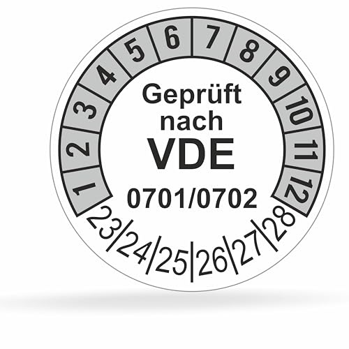 Fluxxx 112 Stk Prüfplaketten "Geprüft nach VDE", 20 mm Ø, Prüfetiketten nach DGUV V3, 2023-2028, selbstklebend, Prüfaufkleber, E-Check Prüfetikett, Plakette für Elektrogeräte (Grau, 1 Bogen) von FLUxxx