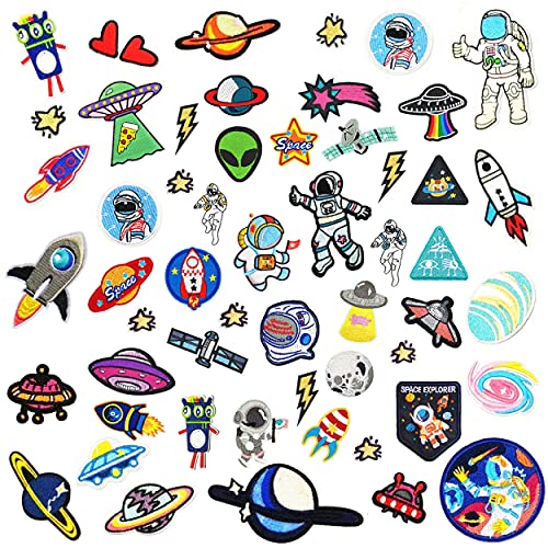 53 Stück Patches aufbügeln Gestickter Aufnäher Aufnähen Patches Set,Astronaut Universe Planet Patch Applique Verschiedene Größen für Rucksäcke, Kleidung, Jacken von FLYEEN