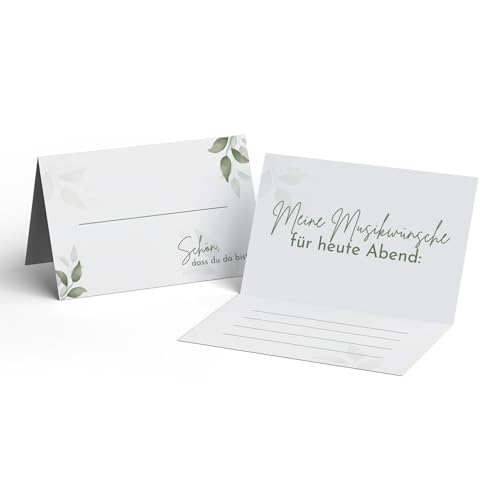 Tischkarten zum Geburtstag und zur Hochzeit (100 Stück) Eukalyptus Platzkarte mit Musikwunschkarte in der Innenseite I Stabile Namenskarte (8,5cm x 5cm) "Schön, dass Du da bist" von FLYERALARM