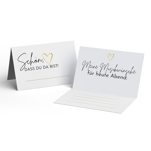 Tischkarten zum Geburtstag und zur Hochzeit (100 Stück) Goldene Platzkarte mit Musikwunschkarte in der Innenseite I Stabile Namenskarte (8,5cm x 5cm) "Schön, dass Du da bist" von FLYERALARM