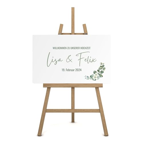 Willkommensschild Hochzeit auf Leinwand personalisiert (60cm x 40cm) Eingang Deko mit Namen und Datum I Eukalyptus Türschild "Willkommen" von FLYERALARM
