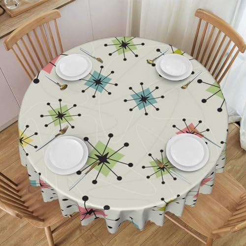 FLYIFE Atomic Stars Retro Muster bedruckte runde Tischdecke 152,4 cm – wasserabweisend, knitterfrei, perfekt für Essen und Veranstaltungen von FLYIFE