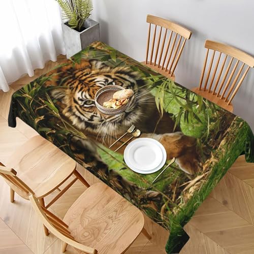 FLYIFE Tiger im Dschungel bedruckte rechteckige Tischdecke, 228 x 152 cm, wasserabweisend, knitterfrei, perfekt für Essen und Veranstaltungen von FLYIFE