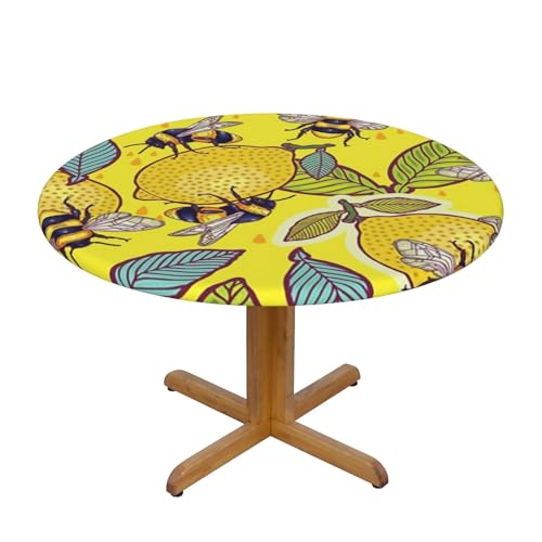 Gelbe Zitrone und Biene bedruckte runde Tischdecke – elastische Kanten, runde Tischdecke, 122 cm, wasserdicht, knitterfrei von FLYIFE