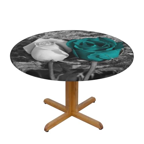 Tischdecke, rund, bedruckt, mit elastischen Kanten, 138 cm, wasserdicht, knitterfrei, Blaugrün von FLYIFE