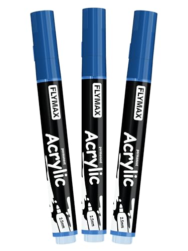 Blau Marker Stifte 2,5mm – Permanent Marker Blau Acrylic Wasserbasis Wasserfest Schnelltrocknend Mittel (3er Pack) von FLYMAX