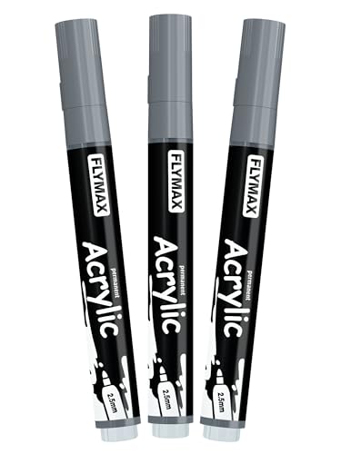Grau Marker Stifte 2,5mm – Permanent Marker Grau Acrylic Wasserbasis Wasserfest Schnelltrocknend Mittel (3er Pack) von FLYMAX