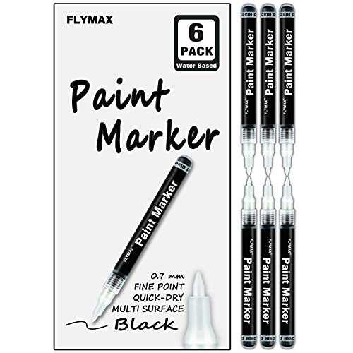 Schwarz Lackstifte, 6 Stück 0.7mm Acryl Permanent Marker Holz Stein Kunststoff Leder Glas Stein Metall Leinwand Keramik Extra Fein Spitze Wasserfest Deckend Wasserbasis von FLYMAX