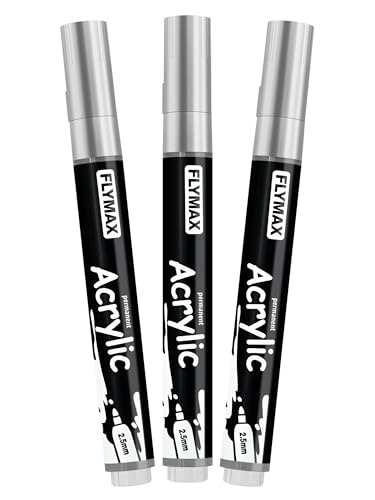 Silber Marker Stifte 2,5mm – Permanent Marker Silber Acrylic Wasserbasis Wasserfest Schnelltrocknend Mittel (3er Pack) von FLYMAX