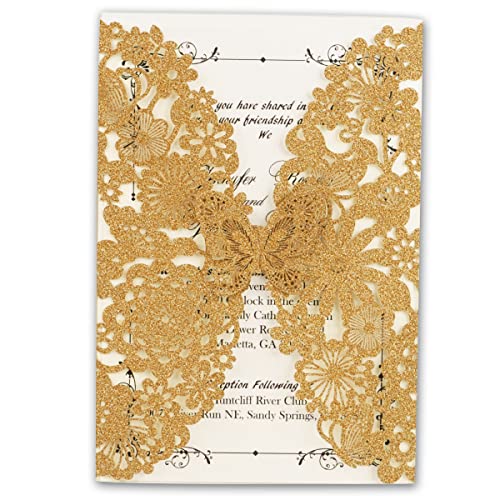 FLZOPYNE 20x Einladungskarten Hochzeit Lasercut Spitze Blume Design Für Geburtstag sfeier Quinceanera CW5008 (Gold Glitzer, 20 Stück) von FLZOPYNE