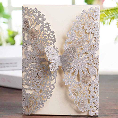 FLZOPYNE 20x Glitter Hochzeitseinladungskarten mit Laser Cut Schmetterling Spitze Blume Design Für Geburtstag sfeier Quinceanera CW5008 (Silber Glitzer, 20 Stück) von FLZOPYNE