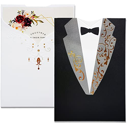 FLZOPYNE 50X Einladungskarten Hochzeit Karten Kits Schwarz & Weiß Abendkleid Papier Karton Verlobungsring Design 50 Stücke inkl Umschläge Party Favors von FLZOPYNE