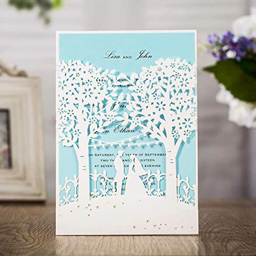 FLZOPYNE 50x Hochzeitseinladungskarten mit Laser Cut Trees Braut und Bräutigam Druckbare Einladungskarten Für Hochzeit Bridal Shower AW7069 (Blau, 50 Pieces) von FLZOPYNE