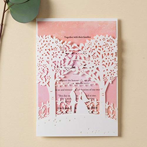 FLZOPYNE Hochzeitseinladungskarten mit Laser Cut Trees Braut und Bräutigam Druckbare Einladungskarten Für Hochzeit Bridal Shower AW7069 (Rosa, 50 Pieces) von FLZOPYNE