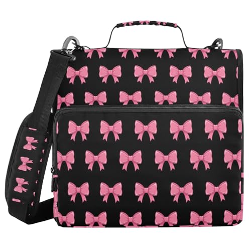 FLildon Elegant Bows Aktenordner mit Reißverschluss, 3 D-Ringe, mehrere Taschen, Ordner mit Schultergurt, Kapazität 600 Blatt, Rosa / Schwarz von FLildon