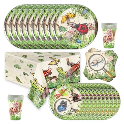FLyifE Party Tableware Set 51 pcs Kids Birthday Party Tableware Insect Party Tableware including Paper Plates Cups Napkins Party Dinnerwares for Birthday Party Baby Shower for 10 Guests Animal Theme von FLyifE