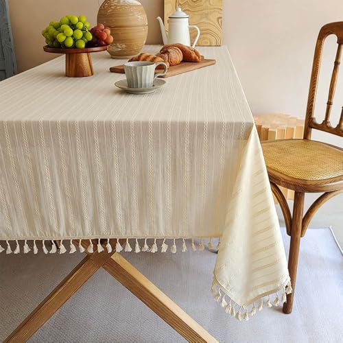 FMIYJUN Tischdecke, Beige, Retro-Streifen, Quaste, rechteckig, Schreibtisch-Dekoration für Küche, Esszimmer, Wohnzimmer, Party (140 x 200 cm) von FMIYJUN