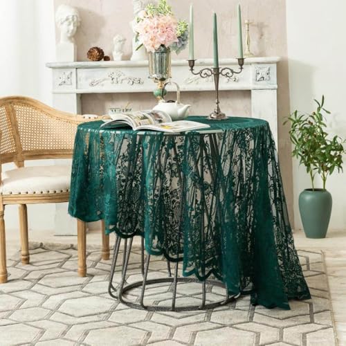 FMIYJUN Tischdecke, Spitze, Blumenstickerei, rund, grün, Vintage, für Hochzeit, Party, Abendessen, Urlaub, Schreibtisch-Dekoration (Rund, 190 cm) von FMIYJUN