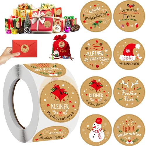 500 Stück Aufkleber Weihnachten, Weihnachtssticker selbstklebend im 8 Stil, 4cm Kraftpapier Weihnachtsaufkleber auf Rolle, Weihnachtssticker, für Umschlag Geschenktüten Papiertüten Weihnachtskarten von FMKLDENA