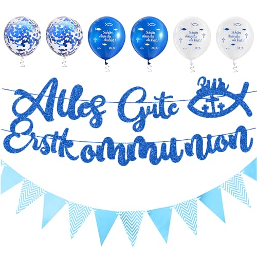 FMKLDENA Kommunion Deko Set, Erstkommunion Banner, Taufe Tischdeko, Konfirmation Girlande, Kommunion Ballons, Wimpel, für Taufe Party Dekoration, Blue, Fische und Kreuze von FMKLDENA