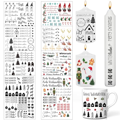 Weihnachten Kerzen Sticker, 8 Stück Kerzenfolie Weihnachten, Kerzentattoos Weihnachten, Kerzen Tattoo Folie, DIY Kerzensticker, zum Verschönern von Kerzen und Keramik mit Ihrem eigenen Stil von FMKLDENA