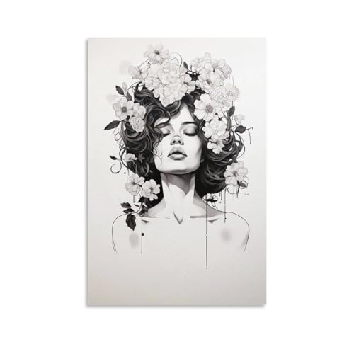 Abstrakte Skizze Frau Wandkunst Leinwand Drucke Blume Frau mit Girlande Bilder auf Leinwand Poster Wanddekoration für Heimdekorationen von FOCCAR