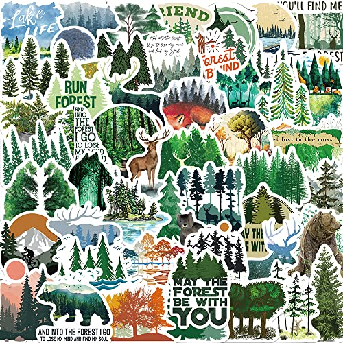 FOCRI 50Pcs Wald Aufkleber, grün Woodland Umwelt Aufkleber für Jugendliche Erwachsene, Vinyl wasserdicht Cartoon Kiefer Baum Tiere Pflanze Aufkleber von FOCRI