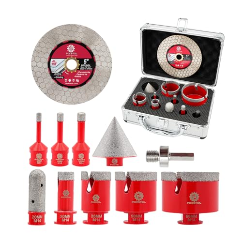 Diamant Fliesenbohrer Set - FOCSTOL Diamant Lochsäge Set für Porzellan Keramik Fliesen Marmor Granit 10 Stück (6/8/10/20/35/50/68mm+20mm Fingerfräser+50mm Fasenbohrer+Adapter+125mm Trennscheibe) von FOCSTOL