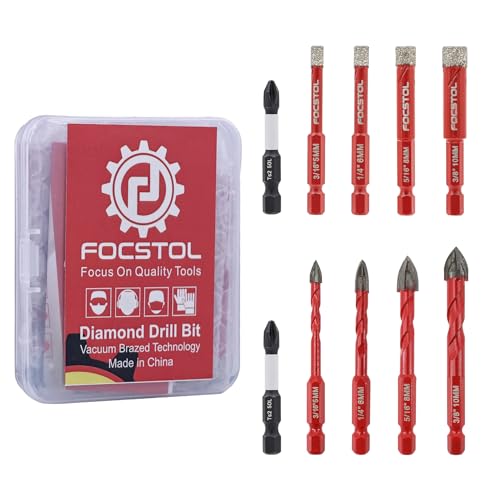 FOCSTOL Diamant Fliesenbohrer Set 10 Stück, Diamant Bohrkronen für Bohren von Löchern in Porzellan Keramik Fliesen Marmor Granit Glas, Bohrer mit Schnellwechsel Sechskantschaft, 5/6/8/10mm FOCSTOL Diamant Fliesenbohrer Set 10 Stück, Diamant Bohrkronen für Bohren von Löchern in Porzellan Keramik Fliesen Marmor Granit Glas, Bohrer mit Schnellwechsel Sechskantschaft, 5/6/8/10mm von FOCSTOL