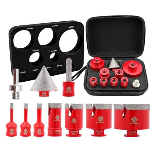 FOCSTOL Diamant Fliesenbohrer Set - 10 Stück (6/6/8/25/35/50/68mm+10mm Fingerfräser+50mm Fasenbohrer+Adapter) Diamant Lochsäge Set M14 Gewinde für Porzellan Keramik Fliesen Marmor Granit von FOCSTOL