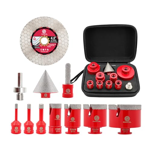 FOCSTOL Diamant Fliesenbohrer Set - 11 Stück (6/6/8/25/35/50/68mm+10mm Fingerfräser+50mm Fasenbohrer+Adapter+115mm Trennscheibe) Lochsäge Set M14 Gewinde für Porzellan Keramik Fliesen Marmor Granit von FOCSTOL