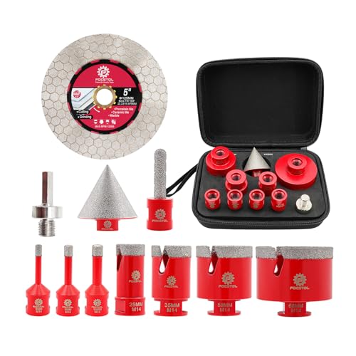 FOCSTOL Diamant Fliesenbohrer Set - 11 Stück (6/6/8/25/35/50/68mm+10mm Fingerfräser+50mm Fasenbohrer+Adapter+125mm Trennscheibe) Lochsäge Set M14 Gewinde für Porzellan Keramik Fliesen Marmor Granit von FOCSTOL