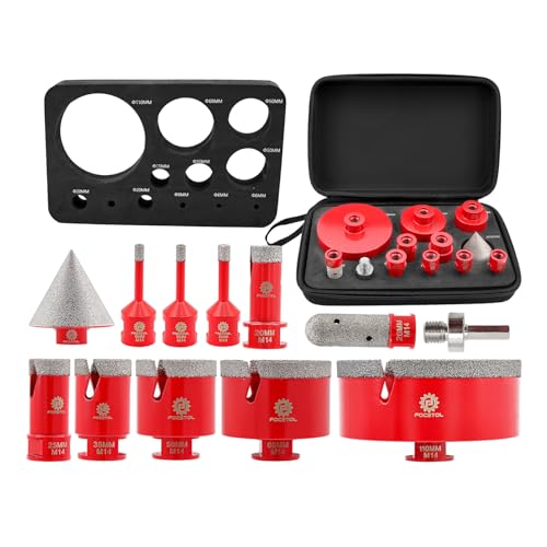 FOCSTOL Diamant Fliesenbohrer Set - 12 Stück (6/6/8/20/25/35/50/68/110mm+20mm Fingerfräser+50mm Fasenbohrer+Adapter) Diamant Lochsäge Set M14 Gewinde für Porzellan Keramik Fliesen Marmor Granit von FOCSTOL