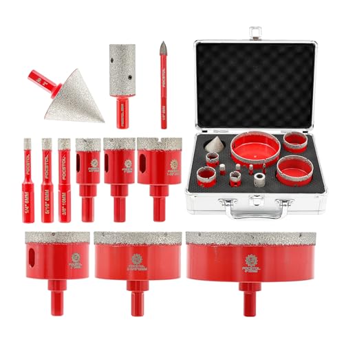 FOCSTOL Diamant Fliesenbohrer Set - 13 Stück (6/8/10/20/25/35/50/68/100mm+20mm Fingerfräser+50mm Fasenbohrer+6mm Hartmetallbohrer) Diamant Lochsäge Set für Porzellan Keramik Fliesen Marmor Granit von FOCSTOL