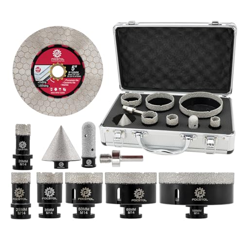 FOCSTOL Diamant Fliesenbohrer Set - Fliesen Bohrkronen Set für Fliesen Porzellan Keramik Marmor 10 Stück (20/25/35/50/68/100mm+50mm Fasenbohrer+20mm Fingerfräser+Adapter+125mm Trennscheibec) von FOCSTOL