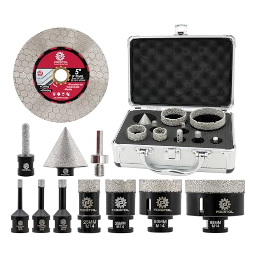 FOCSTOL Diamant Fliesenbohrer Set - Fliesen Bohrkronen Set für Fliesen Porzellan Keramik Marmor 11 Stück (6/8/10/25/35/50/68mm+50mm Fasenbohrer+10mm Fingerfräser+Adapter+125mm Trennscheibec) von FOCSTOL