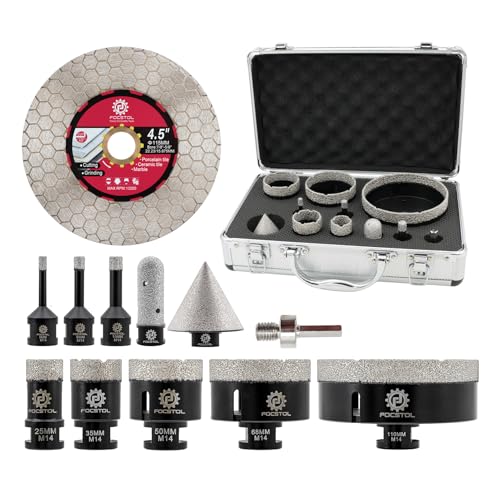 FOCSTOL Diamant Fliesenbohrer Set - Fliesen Bohrkronen Set für Fliesen Porzellan Keramik Marmor 12 Stück (6/8/10/25/35/50/68/110mm+50mm Fasenbohrer+20mm Fingerfräser+Adapter+115mm Trennscheibec) von FOCSTOL