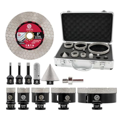 FOCSTOL Diamant Fliesenbohrer Set - Fliesen Bohrkronen Set für Fliesen Porzellan Keramik Marmor 12 Stück (6/8/10/25/35/50/68/110mm+50mm Fasenbohrer+20mm Fingerfräser+Adapter+125mm Trennscheibec) von FOCSTOL