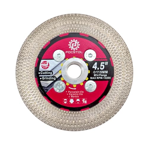 FOCSTOL Diamant Trennscheibe 115mm -Fliesentrennscheibe Schneiden und Schleifen mit M14 Flansch für Porzellan Keramik Fliesen Marmor Granit Kunststein mit X Mesh Felge von FOCSTOL