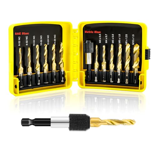 FOCSTOL Kombi Gewindebohrer Set - Titan Kombinationsbohrer Gewindebohrer Set zum Bohren Gewindeschneiden und Senken Eisen Aluminium Kupfer Metall 13 Stück (6-32NC bis 1/4-20NC und M3 bis M10) von FOCSTOL